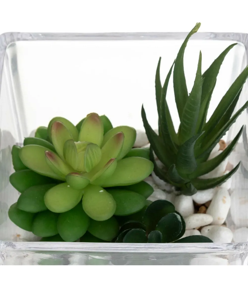 Composition de plantes arificielles pot en verre h 15 cm